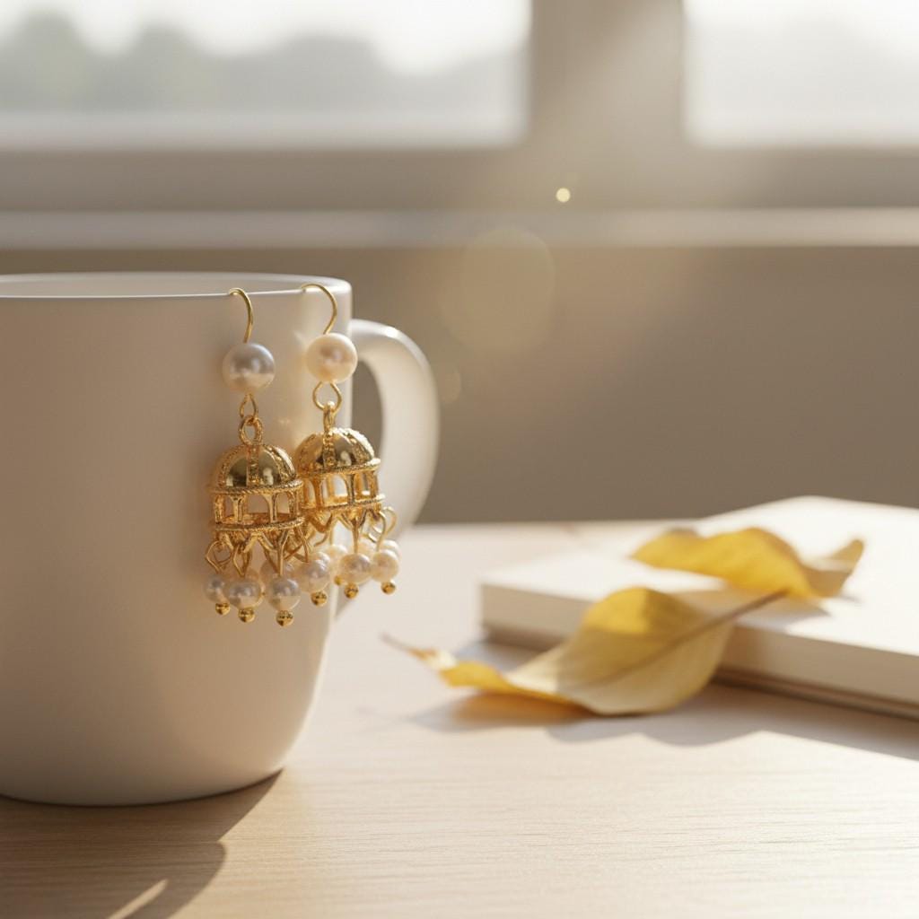 Gold Plated Cage Jhumka Earrings – Mughal Inspired Pearl Tassel Earrings