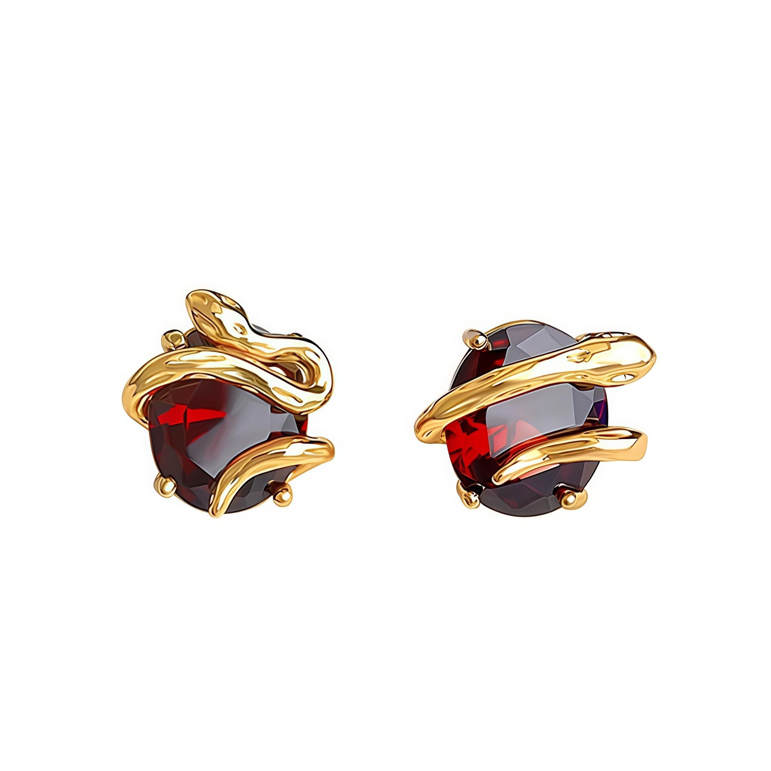 Vintage Snake Stud Earrings with Claret Red Zircon – 18K Gold Plated Serpent Jewelry