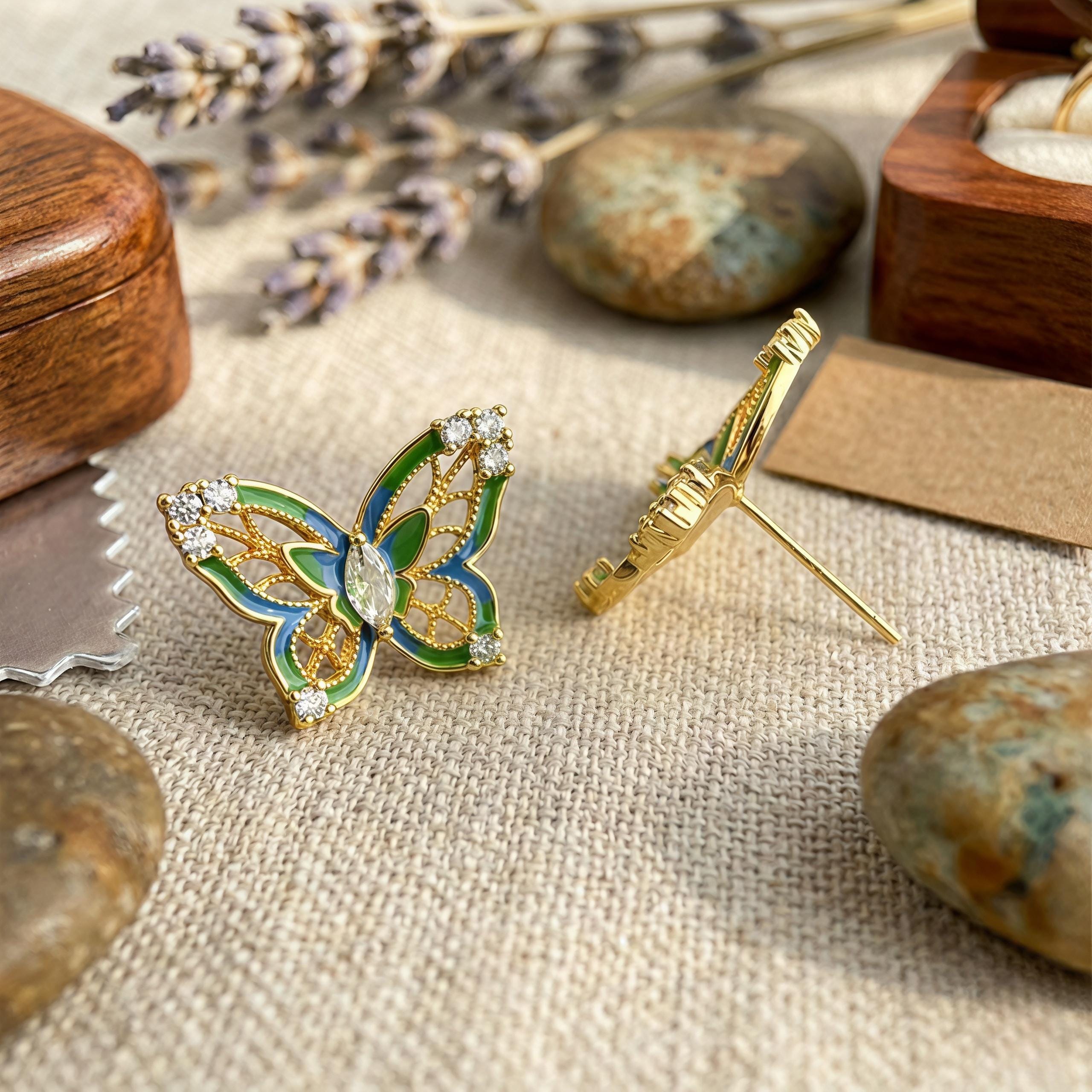 Enamel Butterfly Earrings – Vintage French Style Jewelry – Designer Gift