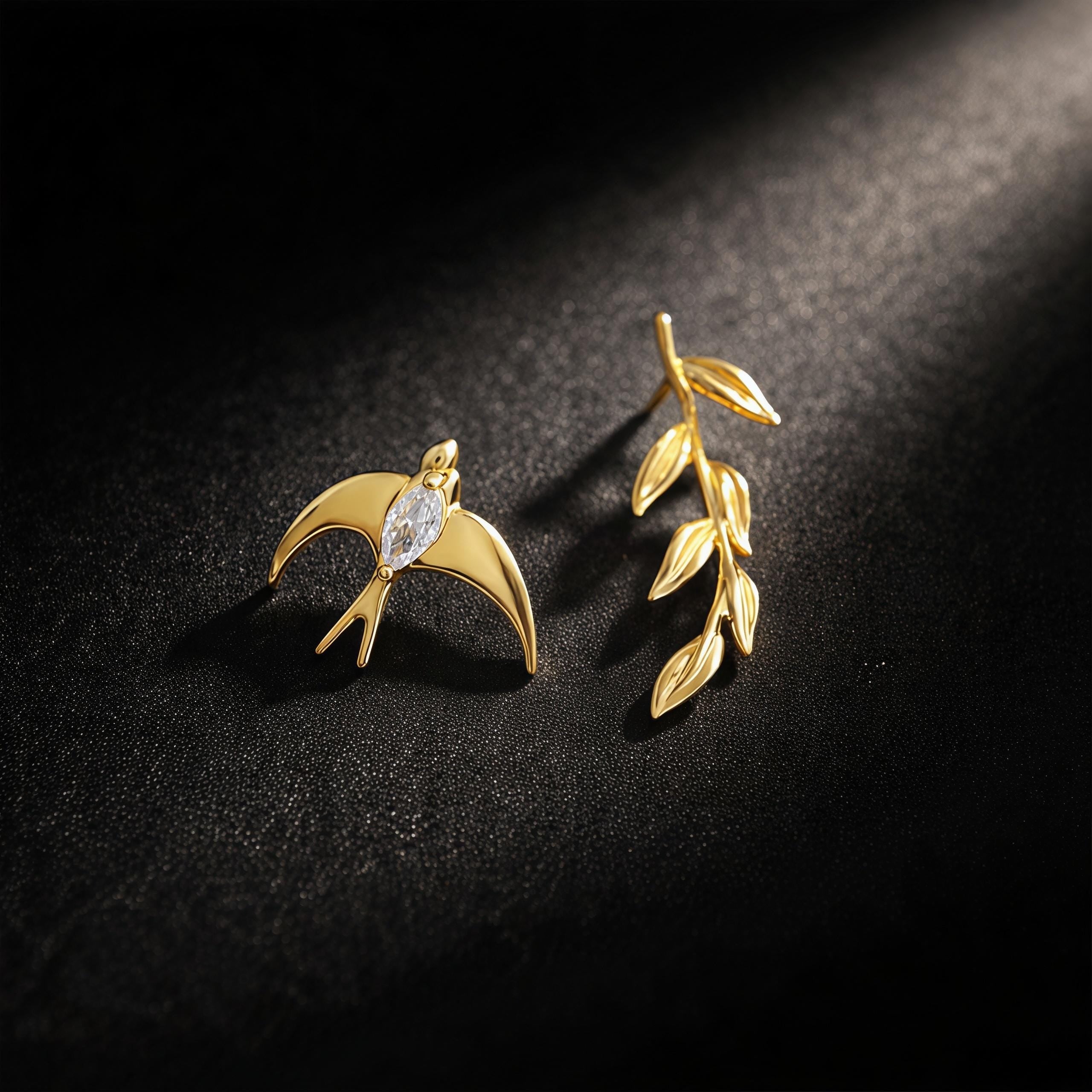 Asymmetrical Swallow & Olive Branch Earrings – 18K Gold Plated Bird Earrings with CZ