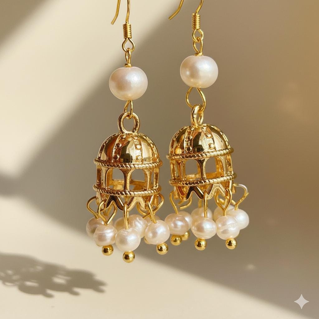 Gold Plated Cage Jhumka Earrings – Mughal Inspired Pearl Tassel Earrings