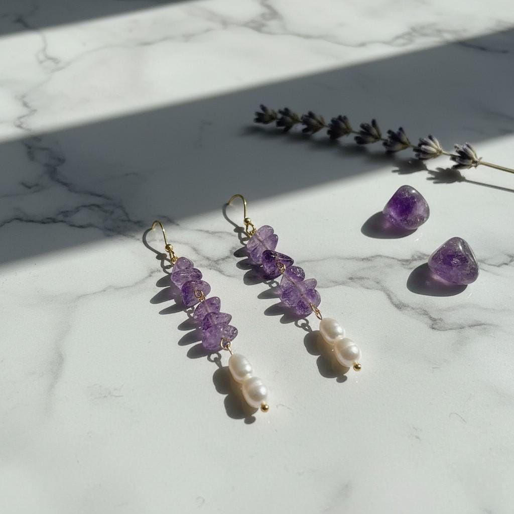 Lavender Garden Earrings – Raw Amethyst & Freshwater Pearl Long Dangle Earrings