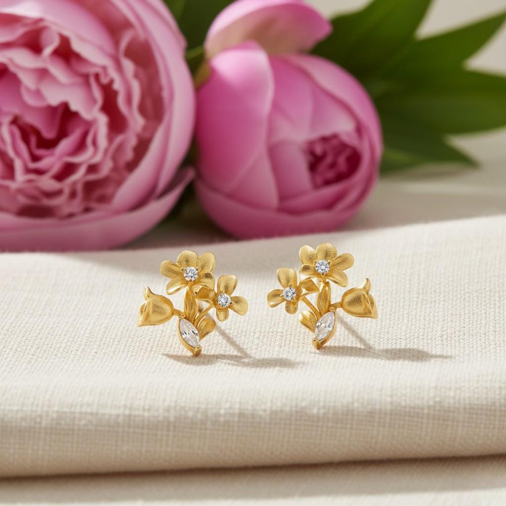 Morning Dew Gold Flower Cluster Earrings – 18K Gold Plated Floral Earrings with CZ