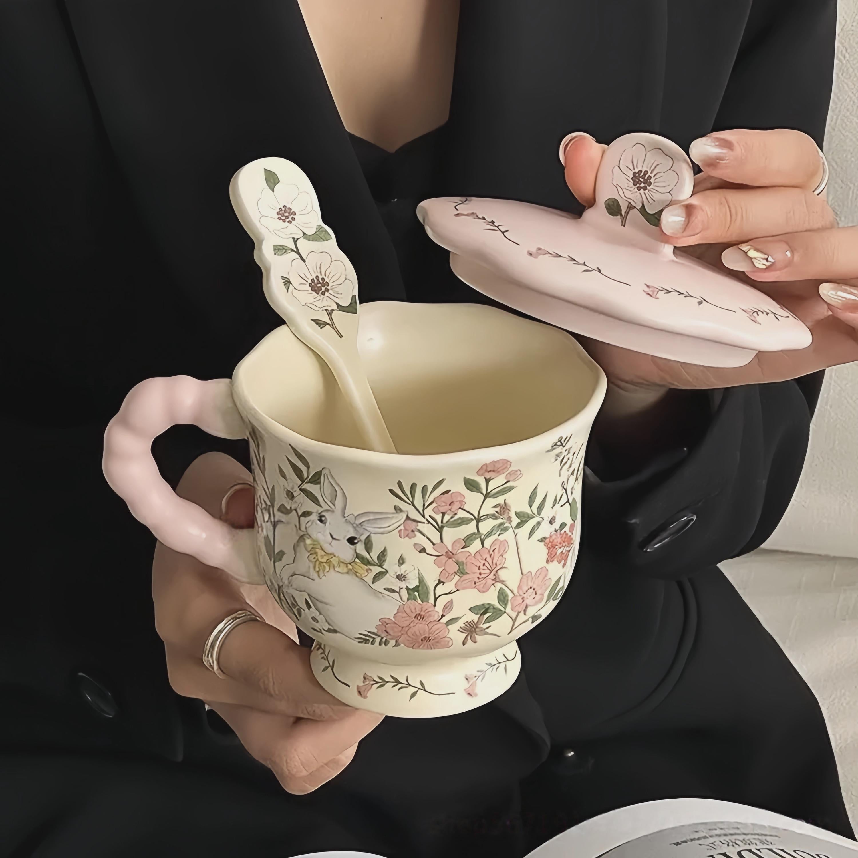 Cottagecore Bunny Mug Set | Hand-Painted Floral Ceramic Coffee Cup