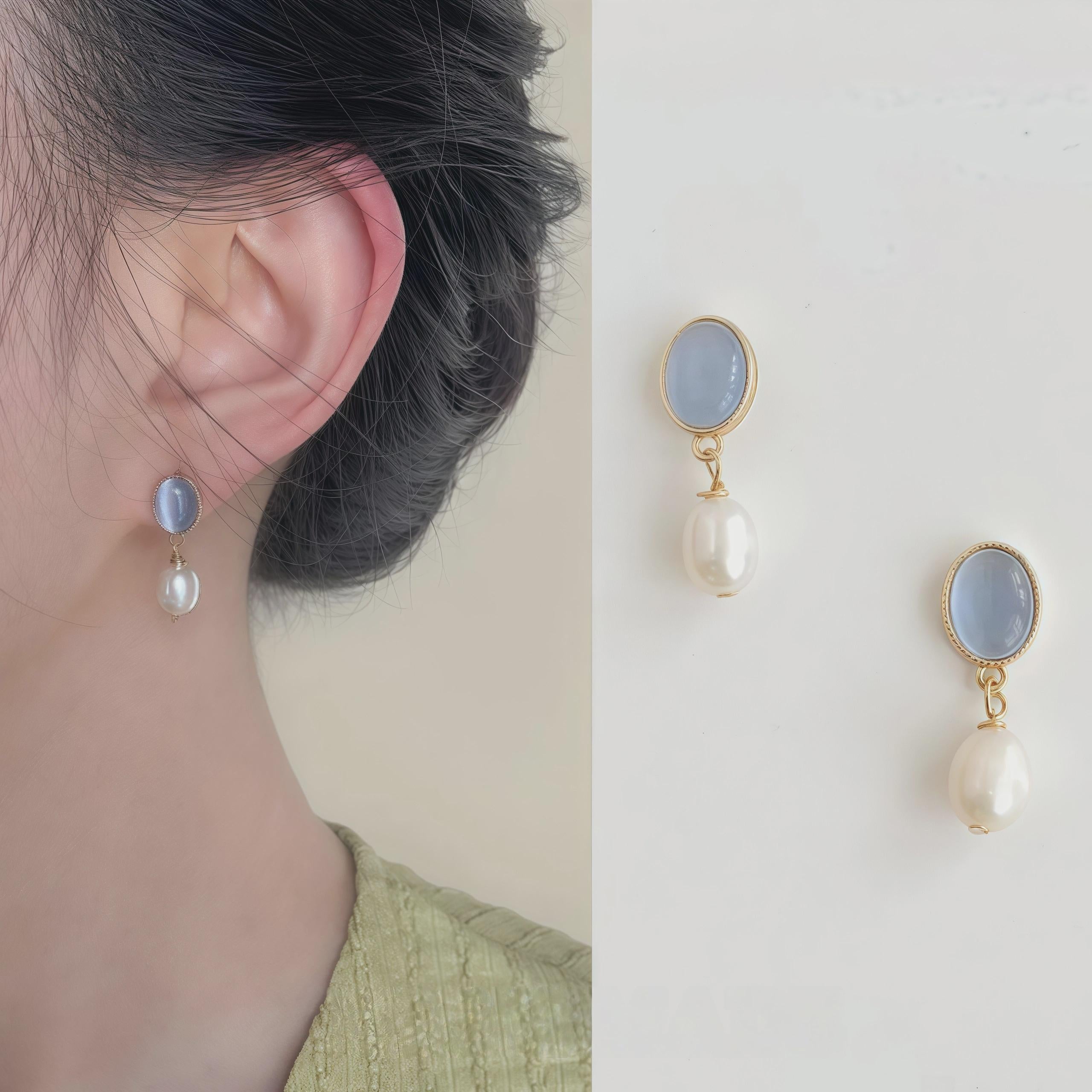 Moonlight Serenade Earrings – Gold Plated Blue Cat’s Eye Glass & Freshwater Pearl Earrings