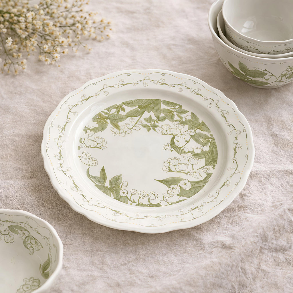 Lily of the Valley Ceramic Tableware Set | Vintage Botanical Plates & Bowls | Floral Dinnerware Set