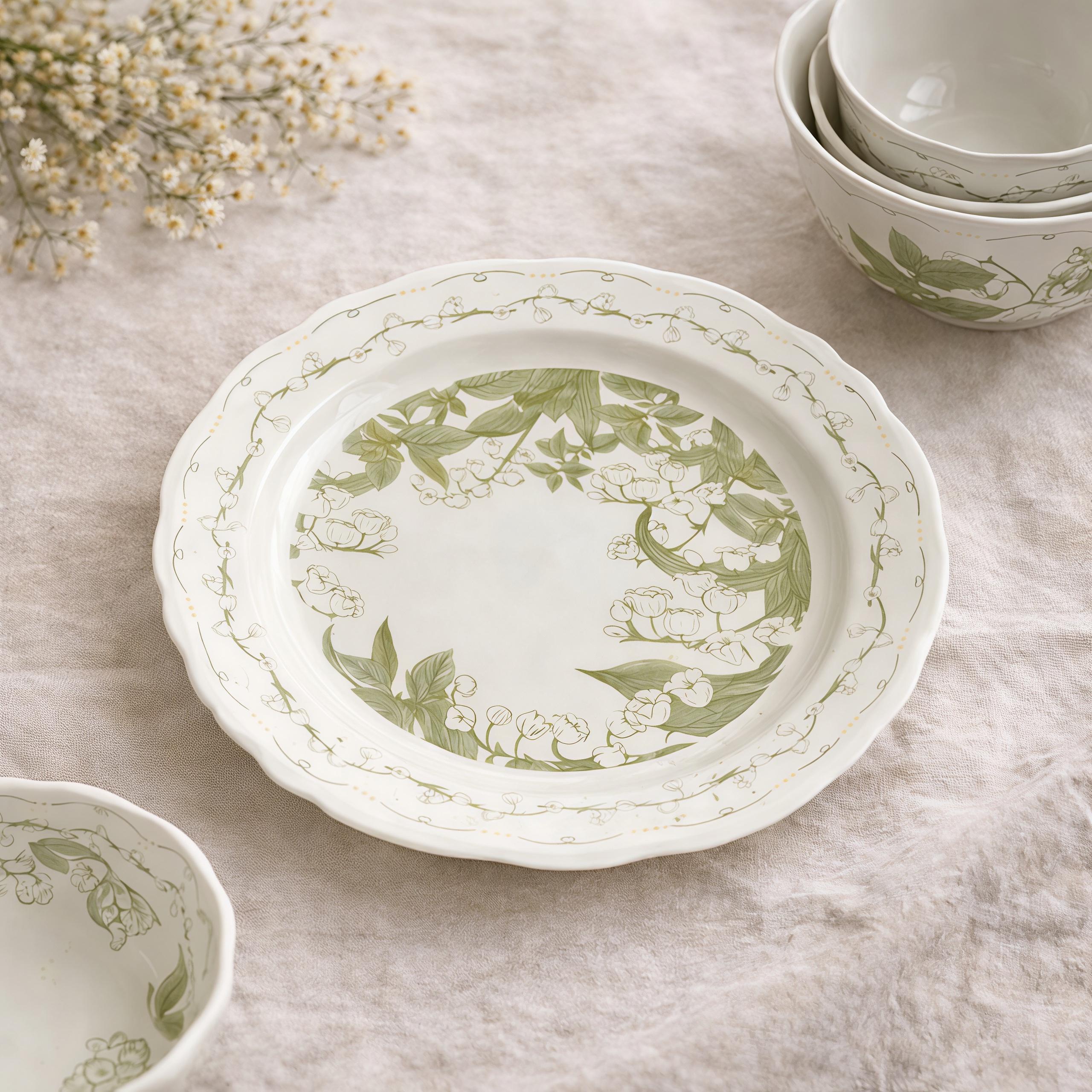 Lily of the Valley Ceramic Tableware Set | Vintage Botanical Plates & Bowls | Floral Dinnerware Set