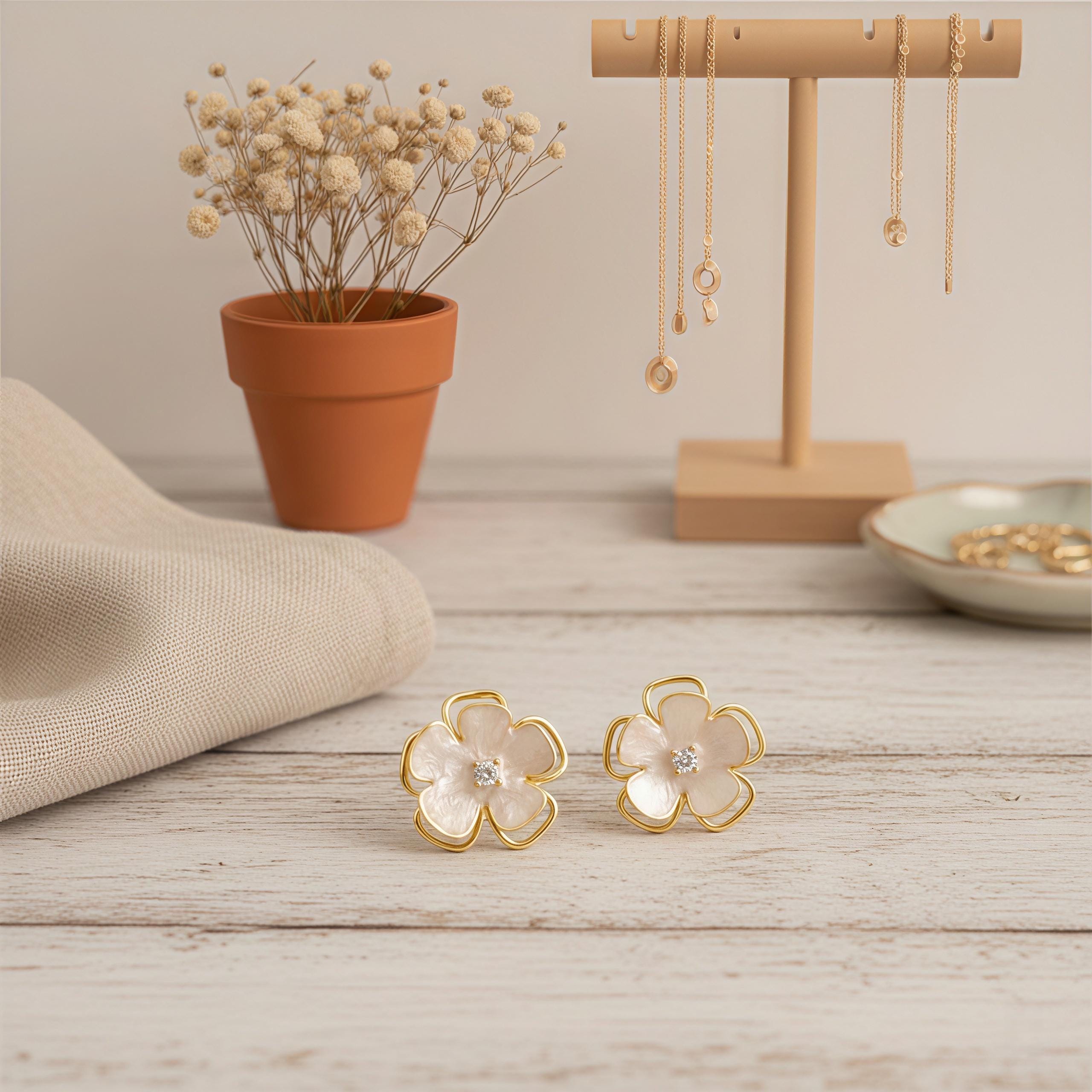 Elegant White Enamel Camellia Earrings – 18K Gold Plated Floral Studs with CZ