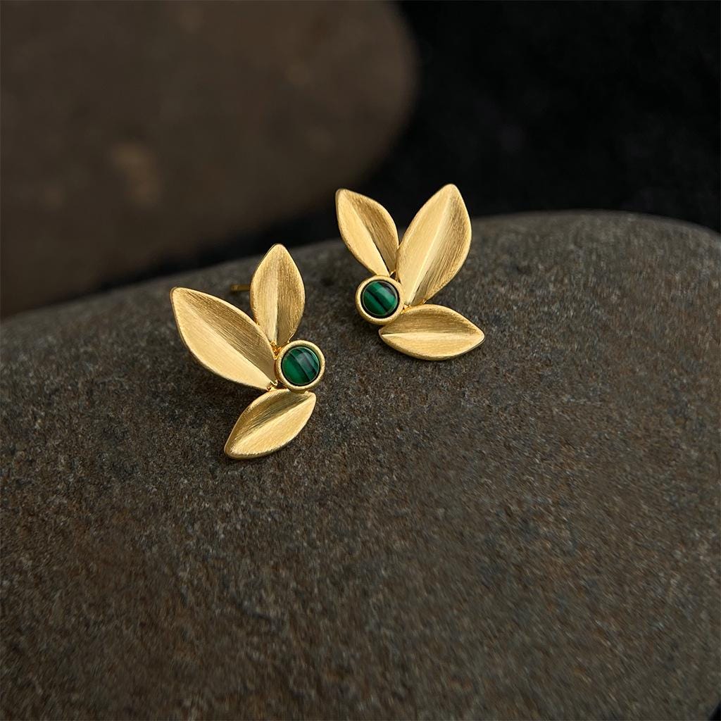 Sunlit Forest Gold Leaf Stud Earrings – 18K Gold Plated Leaf Earrings with Green Stone