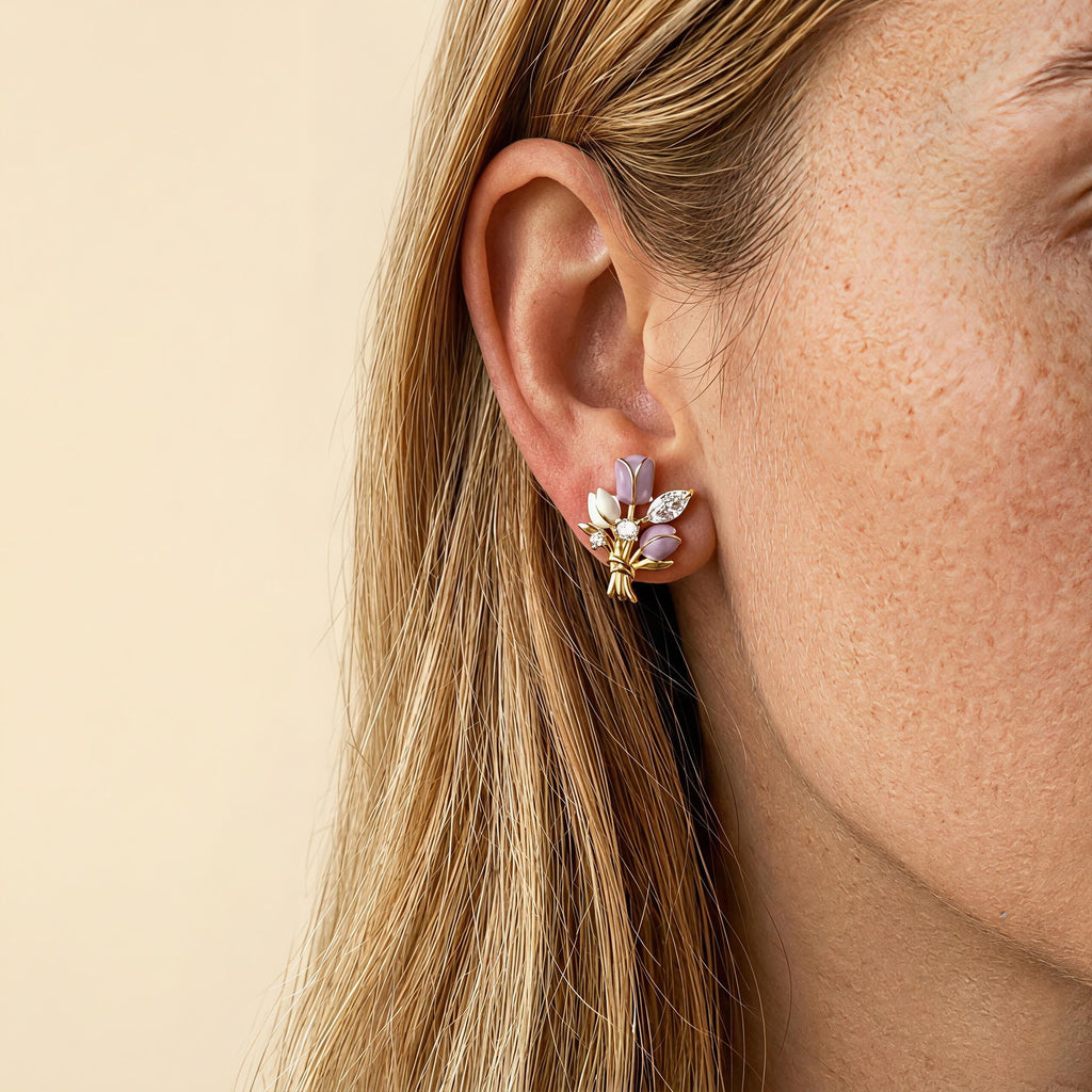 Purple Tulip Bouquet Stud Earrings – Enamel Flower & Zirconia, 18K Gold Plated Floral Jewelry