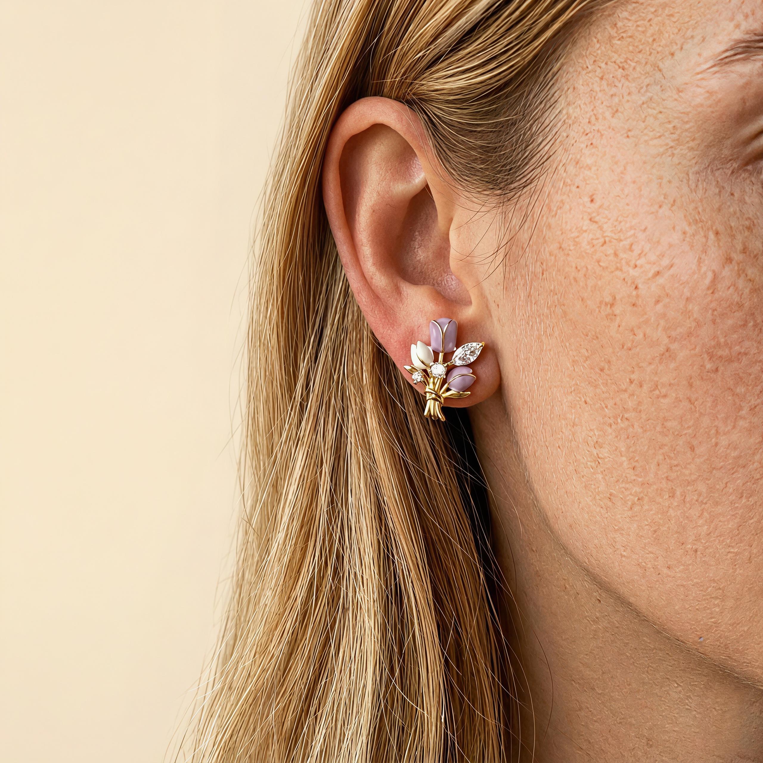 Purple Tulip Bouquet Stud Earrings – Enamel Flower & Zirconia, 18K Gold Plated Floral Jewelry