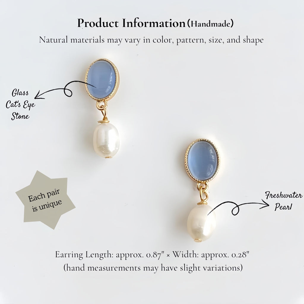 Moonlight Serenade Earrings – Gold Plated Blue Cat’s Eye Glass & Freshwater Pearl Earrings