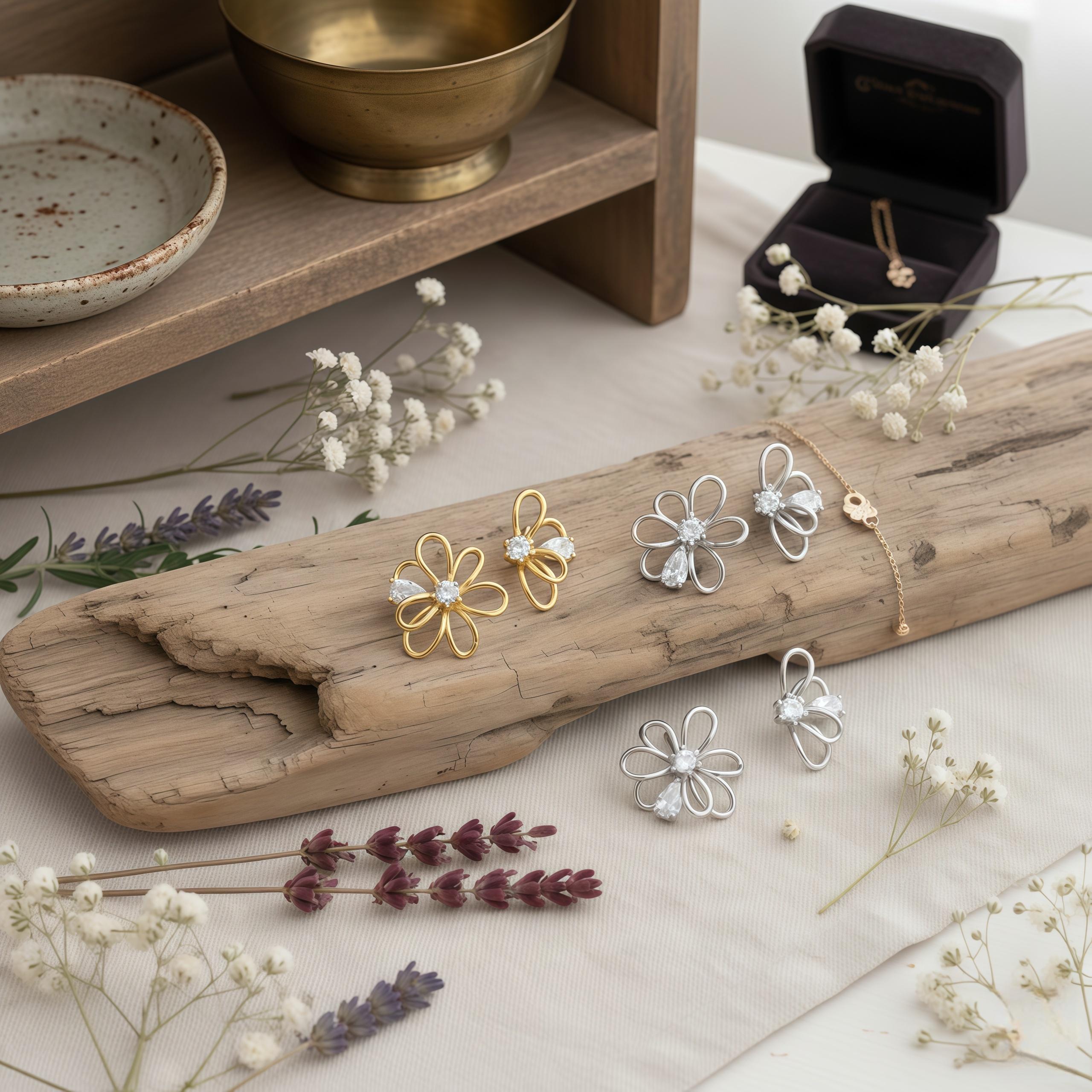 Petal Whisper Asymmetrical Flower Earrings – 18K Gold or Silver Plated with Zircon