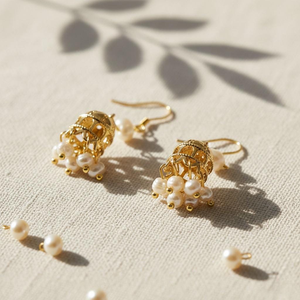 Gold Plated Cage Jhumka Earrings – Mughal Inspired Pearl Tassel Earrings