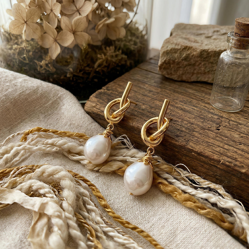 Minimalist Pearl Drop Earrings – Gold Knot Studs with Freshwater Pearl