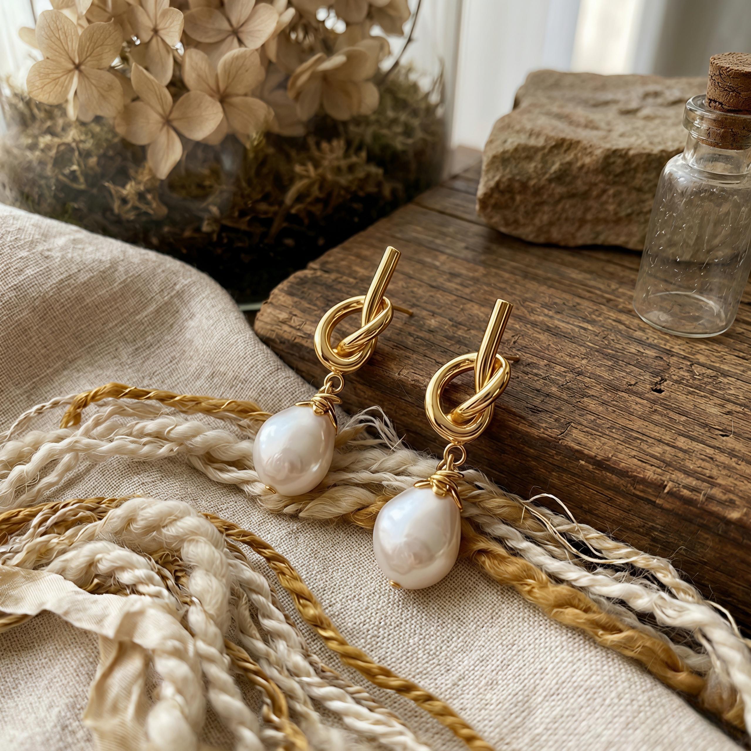 Minimalist Pearl Drop Earrings – Gold Knot Studs with Freshwater Pearl