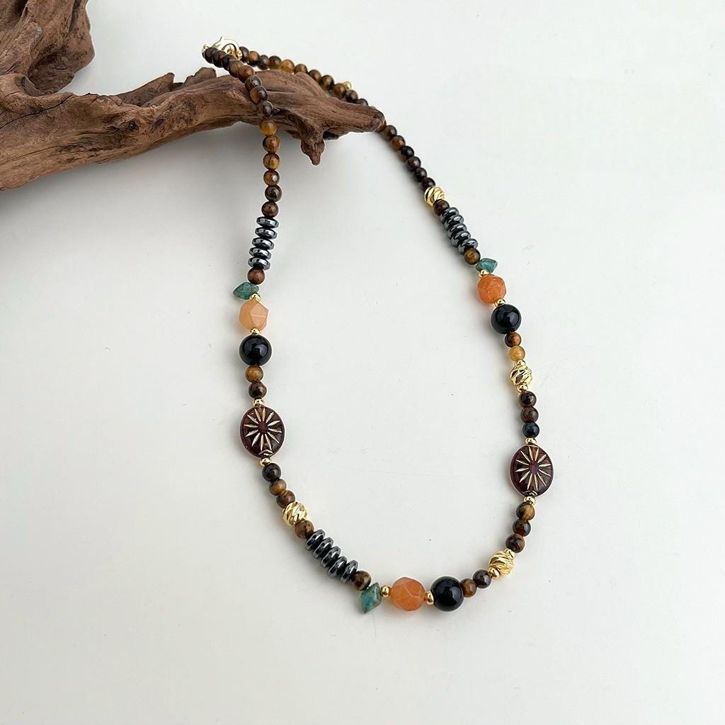 Tiger’s Eye & Black Agate Beaded Necklace – Handmade Gemstone Necklace