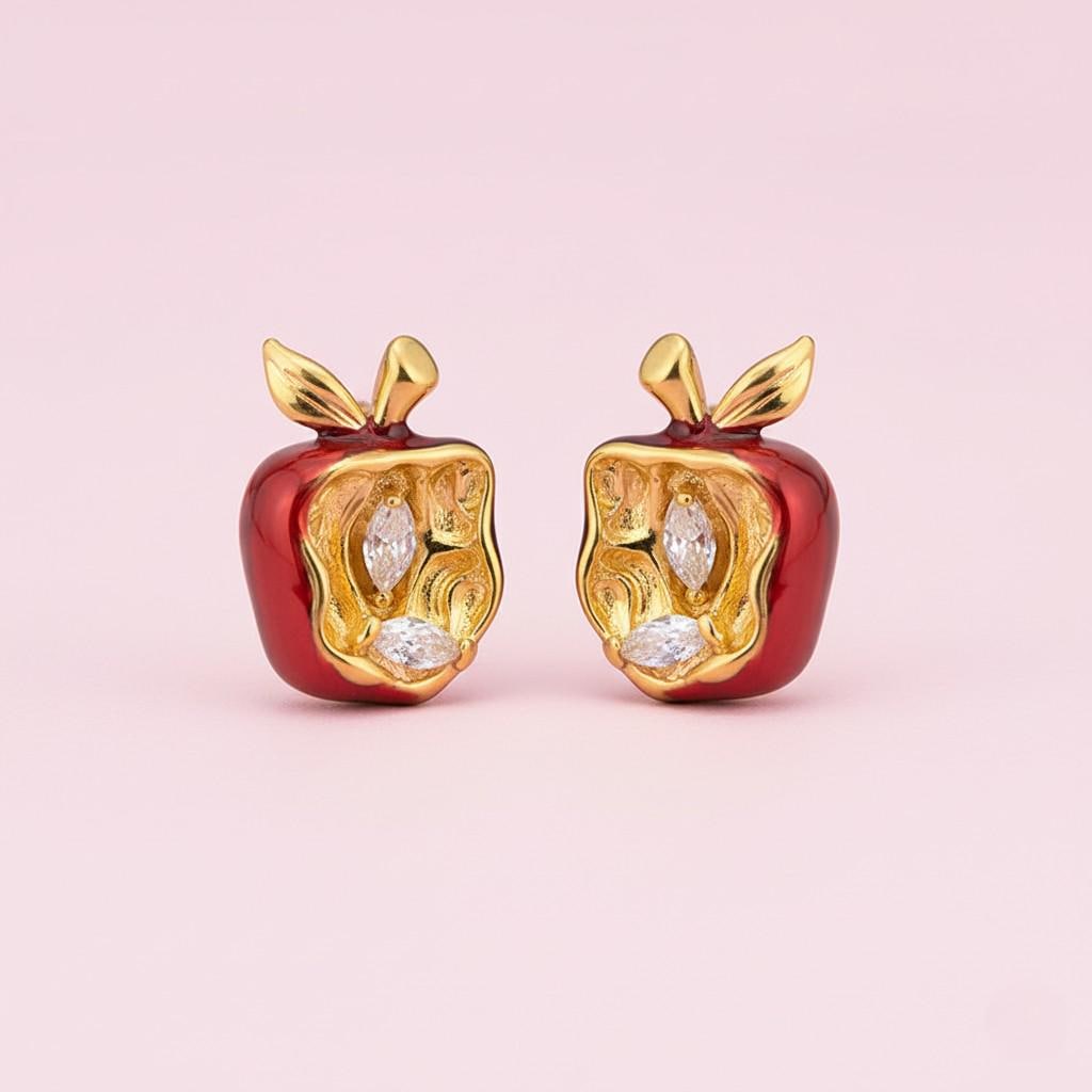Forbidden Apple Earrings – Red Enamel Apple Stud Earrings with Zircon