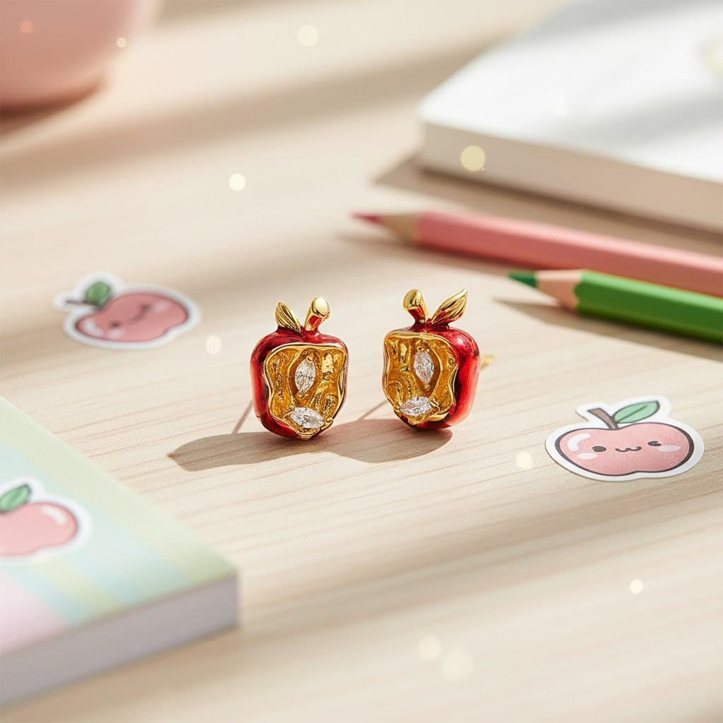 Forbidden Apple Earrings – Red Enamel Apple Stud Earrings with Zircon