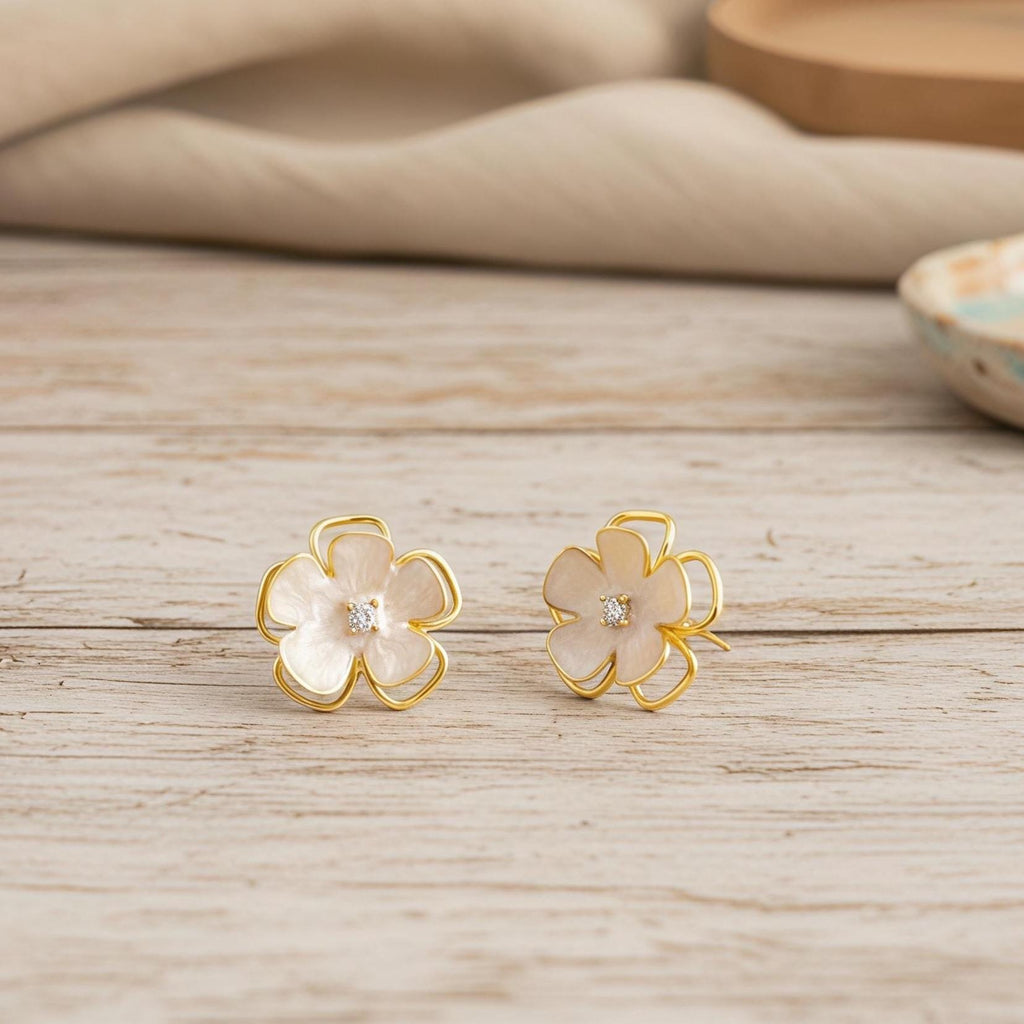 Elegant White Enamel Camellia Earrings – 18K Gold Plated Floral Studs with CZ
