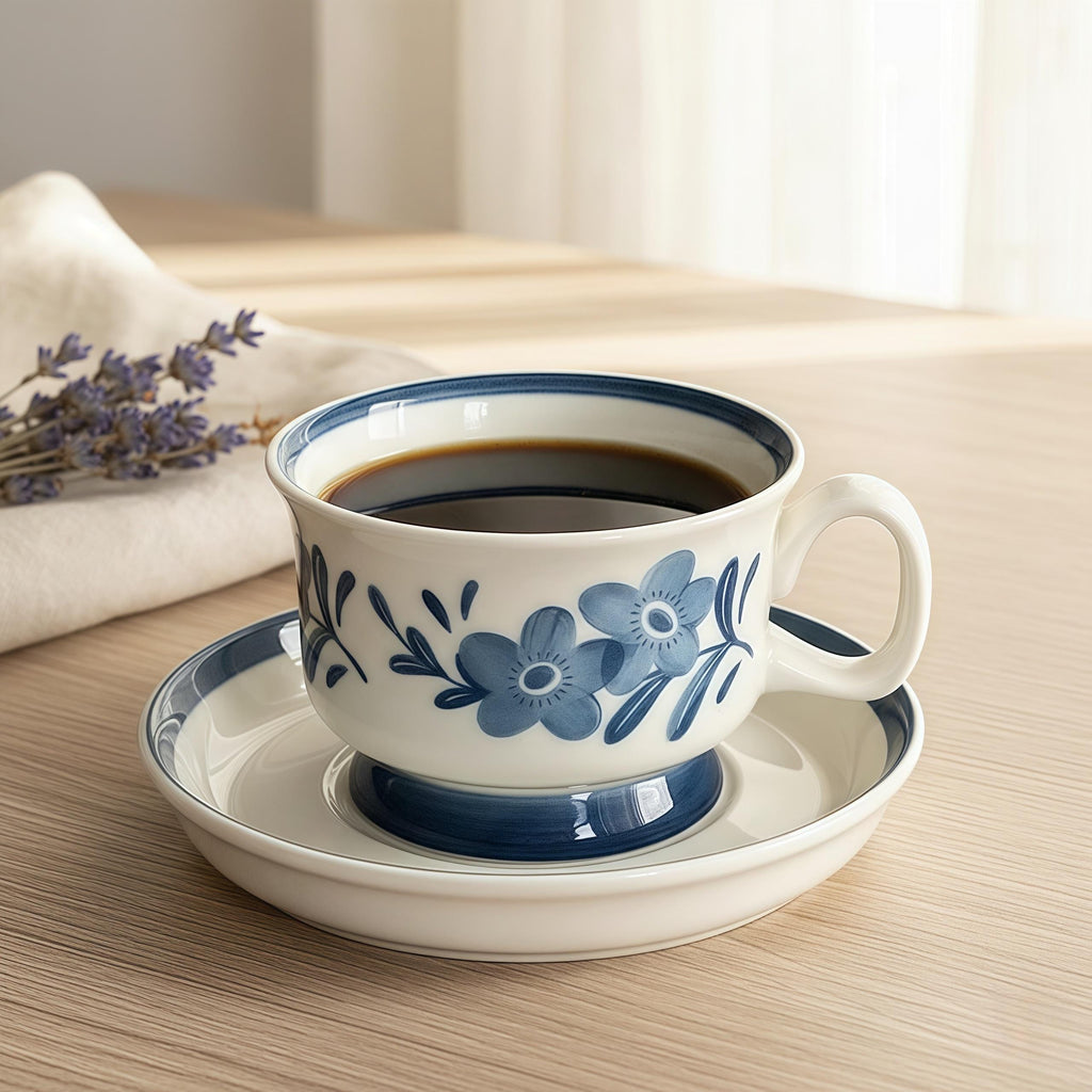 Blue Floral Ceramic Mug with Matching Coaster | Hand-Painted Folk Flower Cup Set
