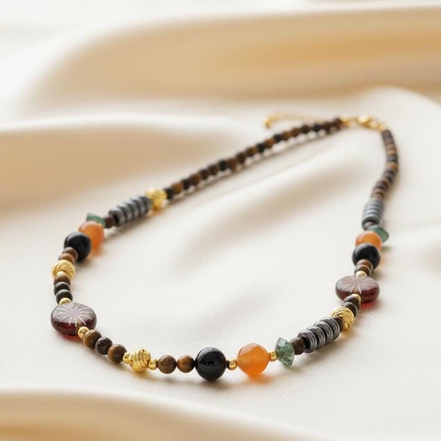 Tiger’s Eye & Black Agate Beaded Necklace – Handmade Gemstone Necklace