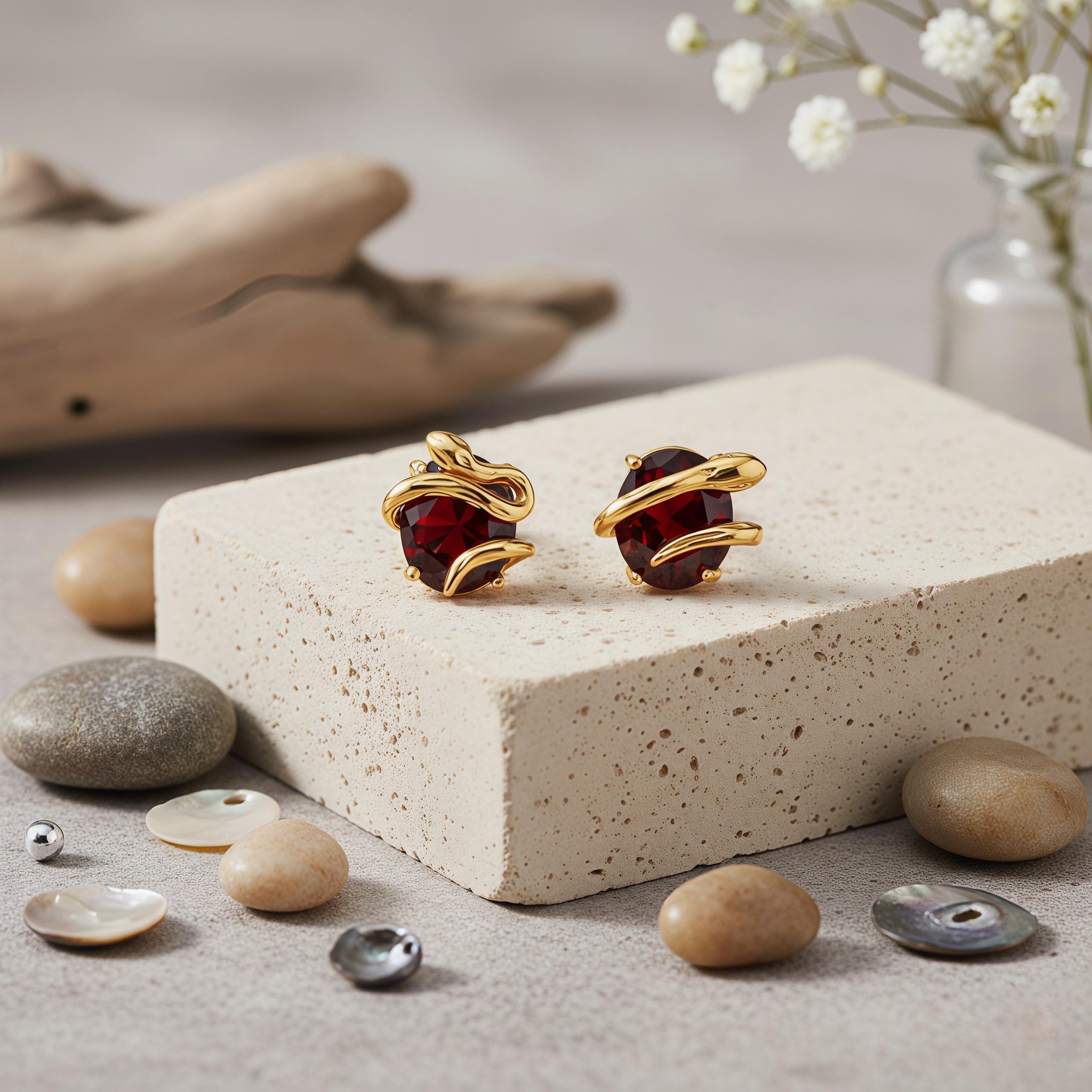 Vintage Snake Stud Earrings with Claret Red Zircon – 18K Gold Plated Serpent Jewelry