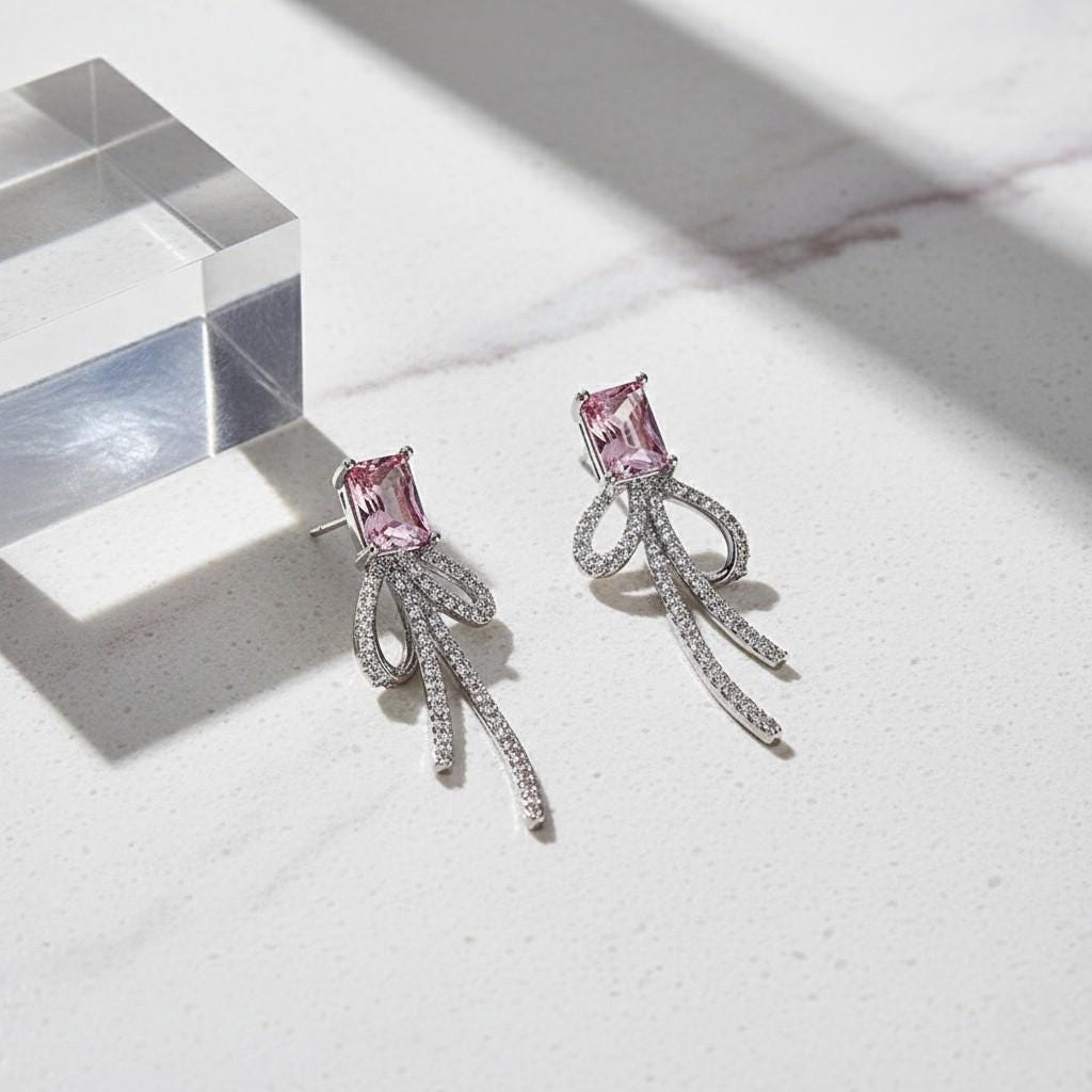 Pink Zircon Bow Earrings – Romantic Bow Drop Earrings