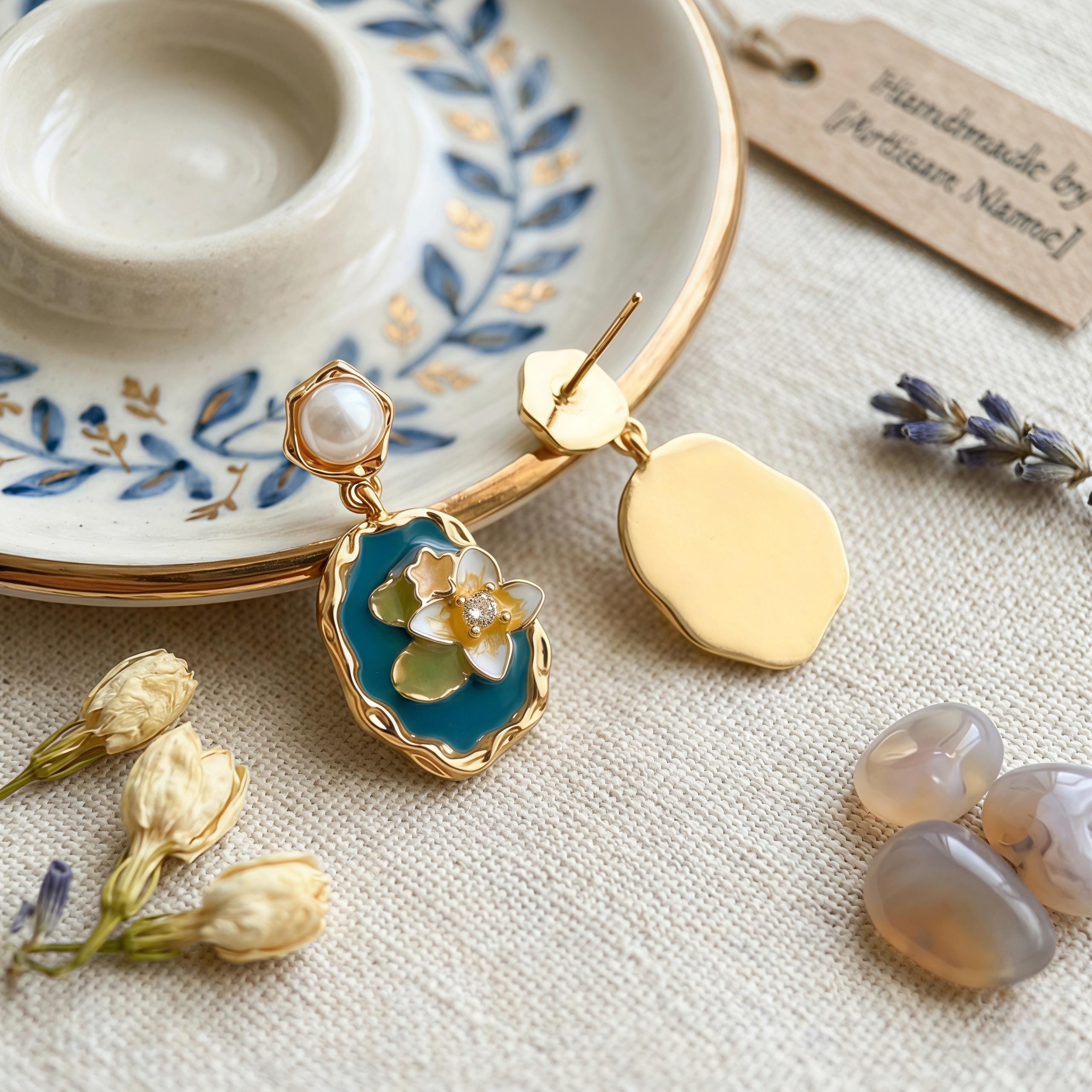 Monet Lotus Earrings – Enamel Floral Art Jewelry with Freshwater Pearl