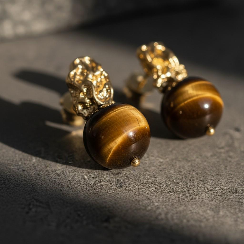 Tiger’s Eye Brass Earrings – Sculptural Gold Plated Statement Earrings