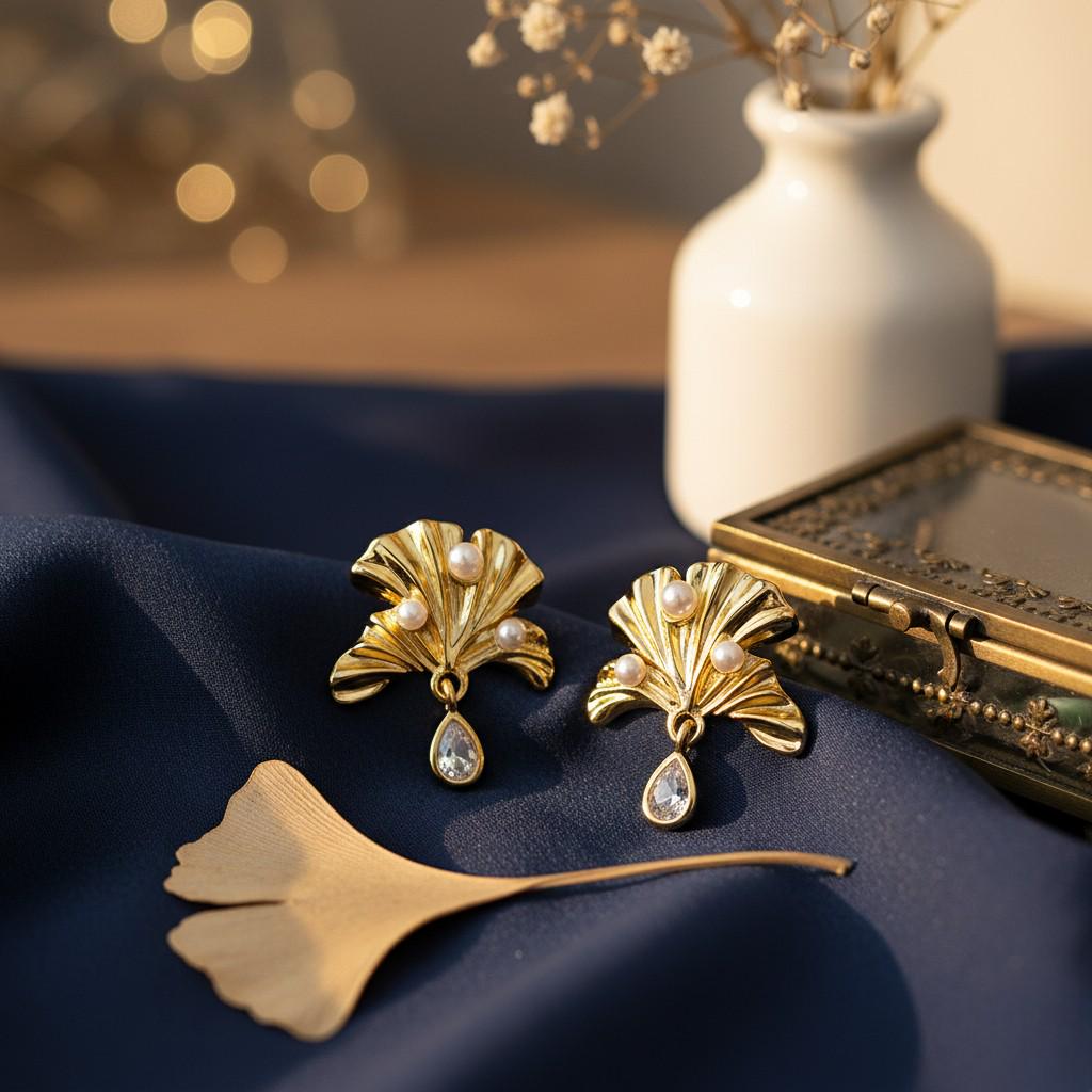 Ginkgo Leaf Pearl Earrings – 18K Gold Plated Nature-Inspired Earrings