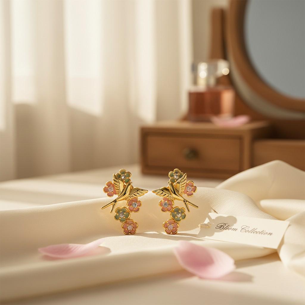 Gold Swallow Earrings – Enamel Cherry Blossom & Zircon Bird Earrings