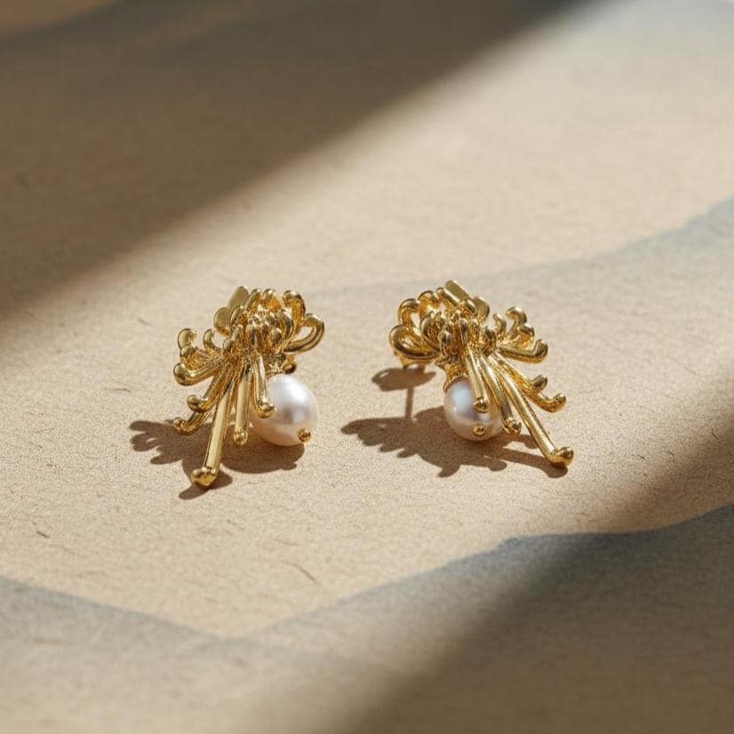 Gold Pearl Chrysanthemum Earrings – Art Nouveau Filigree Pearl Earrings