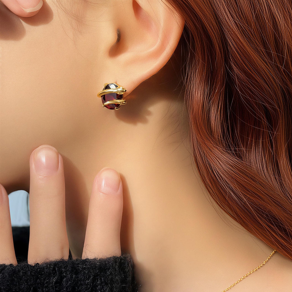 Vintage Snake Stud Earrings with Claret Red Zircon – 18K Gold Plated Serpent Jewelry