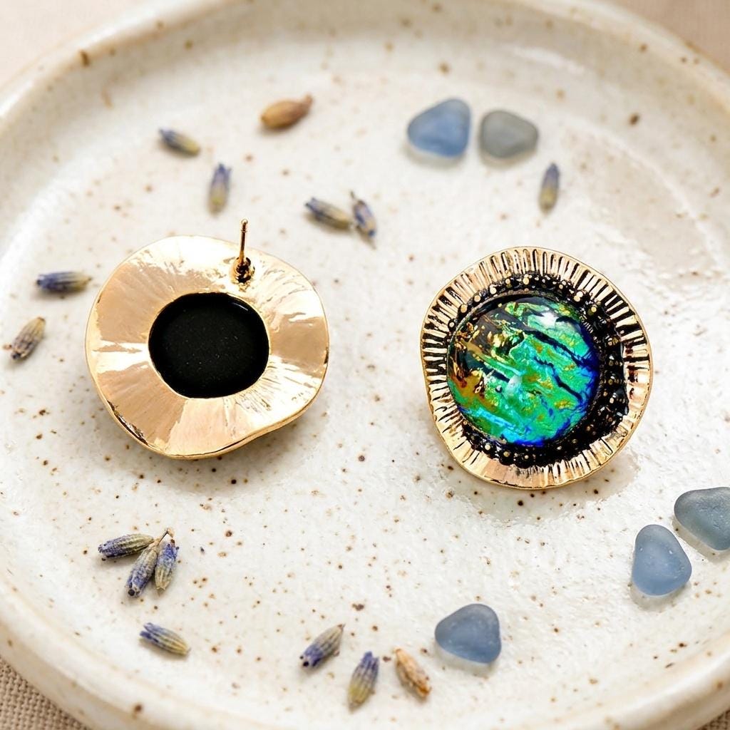 Vintage Gold Foil Glass Stud Earrings – Round Art Glass Statement Earrings