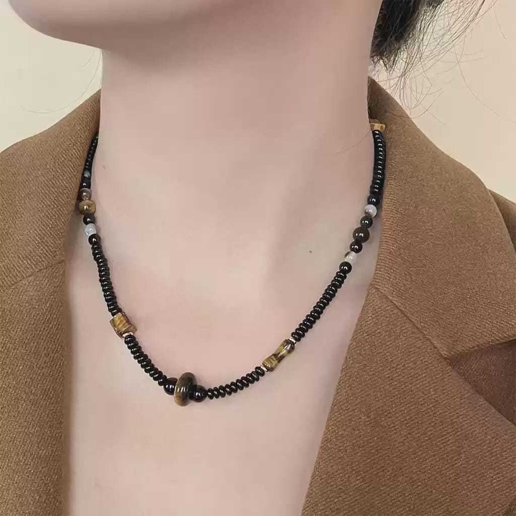 Black Wukong Inspired Beaded Necklace – Tiger’s Eye, Obsidian & Liuli Glass Necklace