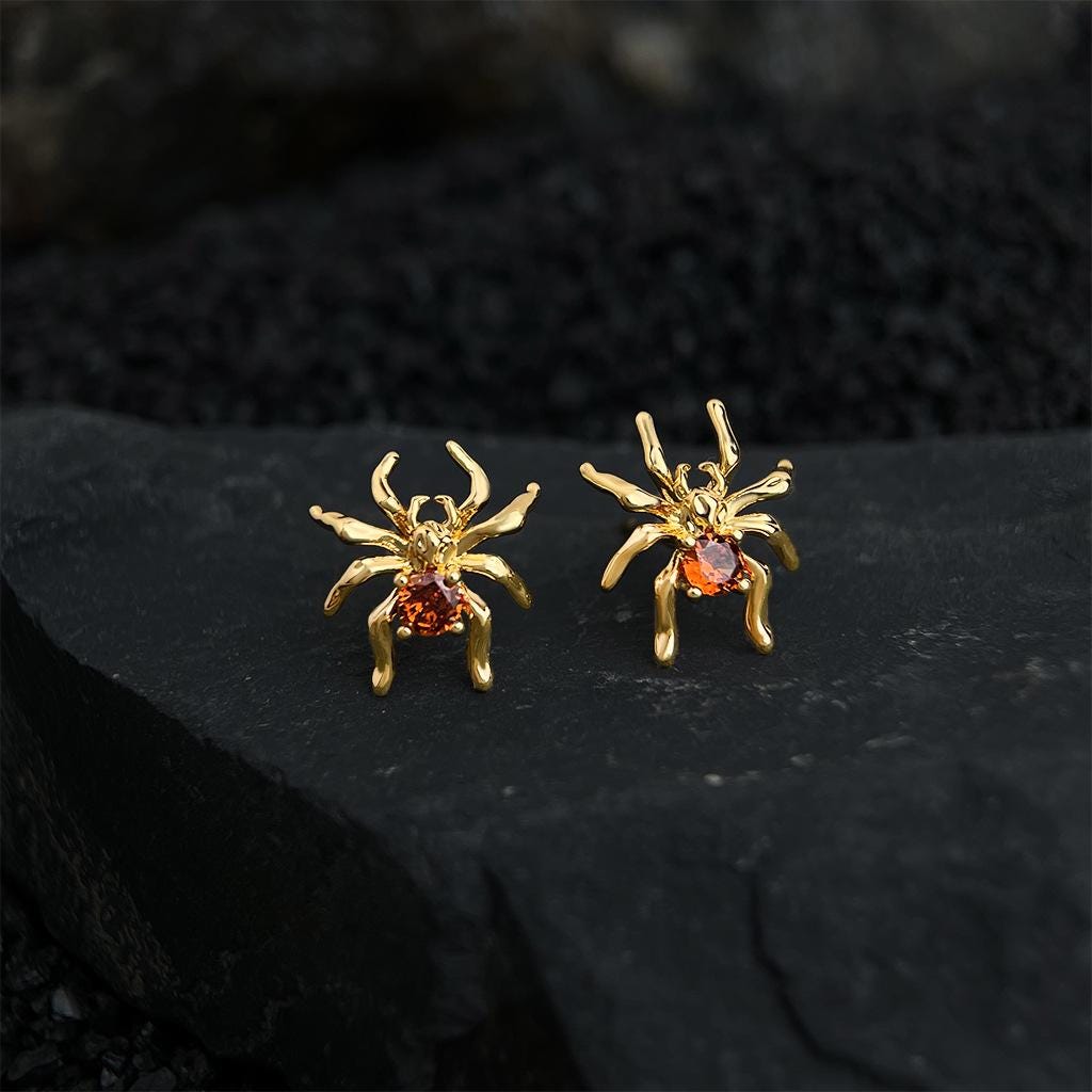 Moonlit Forest Gold Spider Stud Earrings – Mystical Spider Earrings