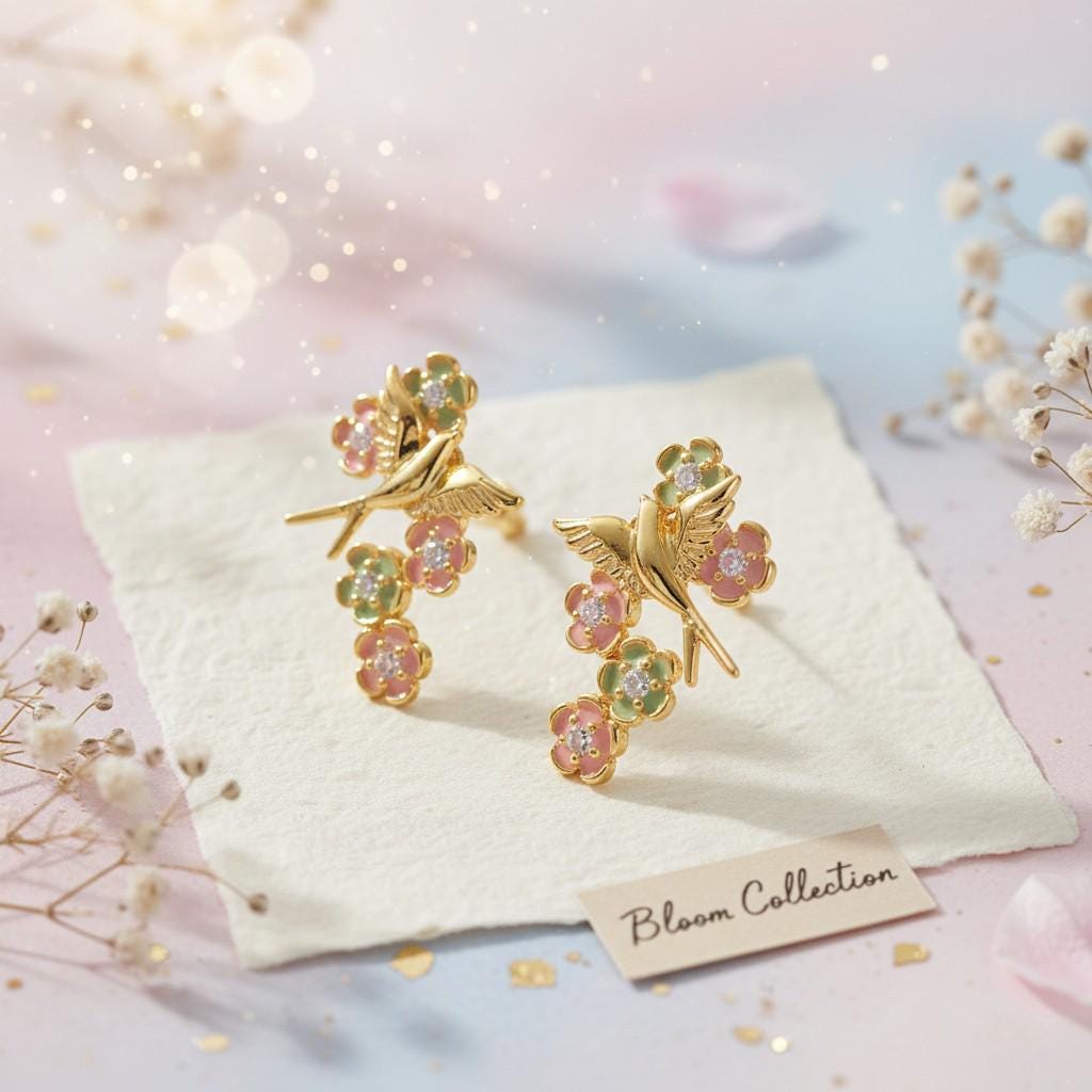 Gold Swallow Earrings – Enamel Cherry Blossom & Zircon Bird Earrings