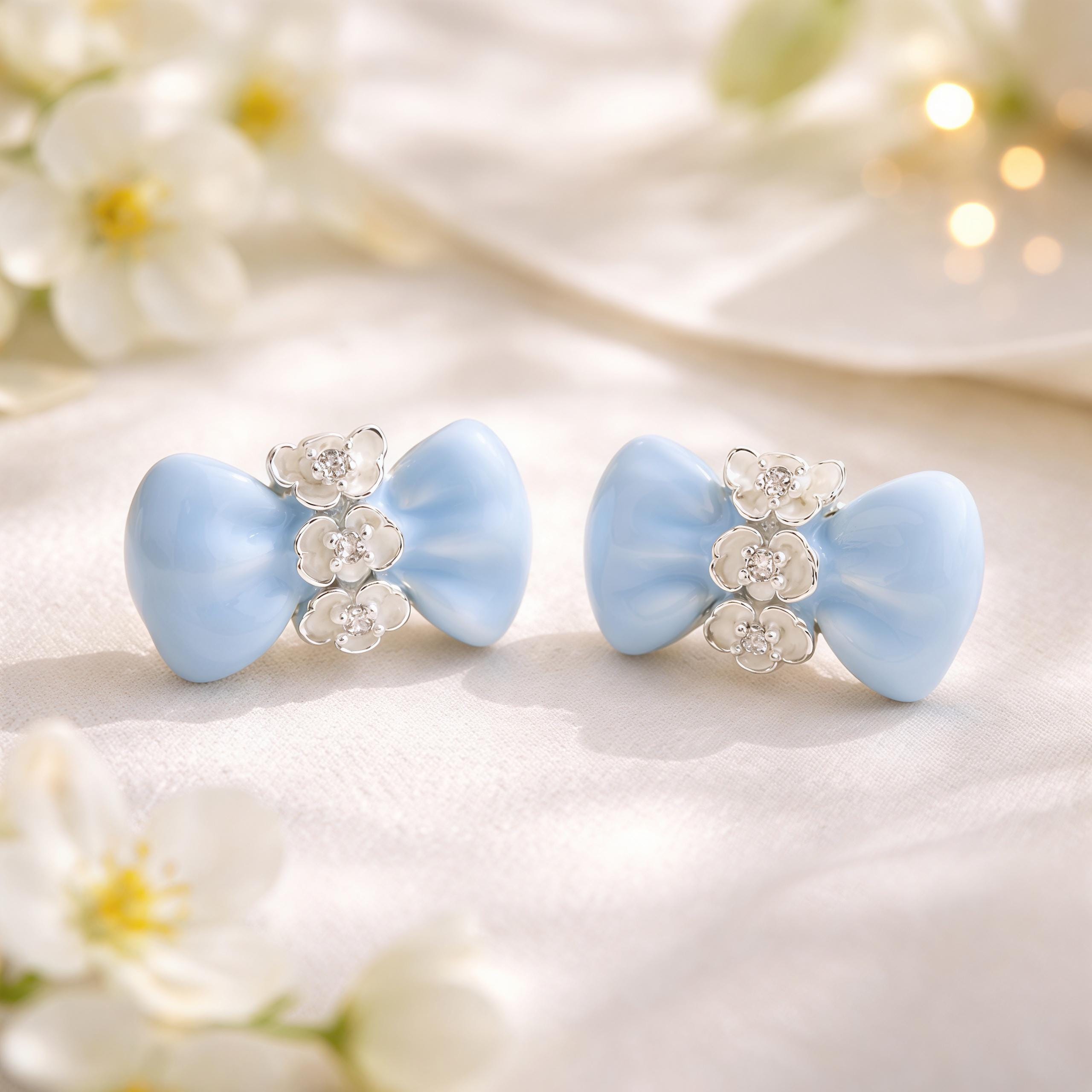 Blue Bow Flower Earrings – Enamel Zircon Studs & Clip On – 18K Gold Plated Ribbon Jewelry