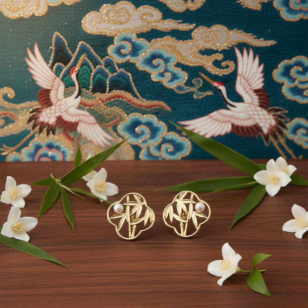 Oriental Bamboo Leaf Earrings – 18K Gold Plated Pearl Stud Earrings