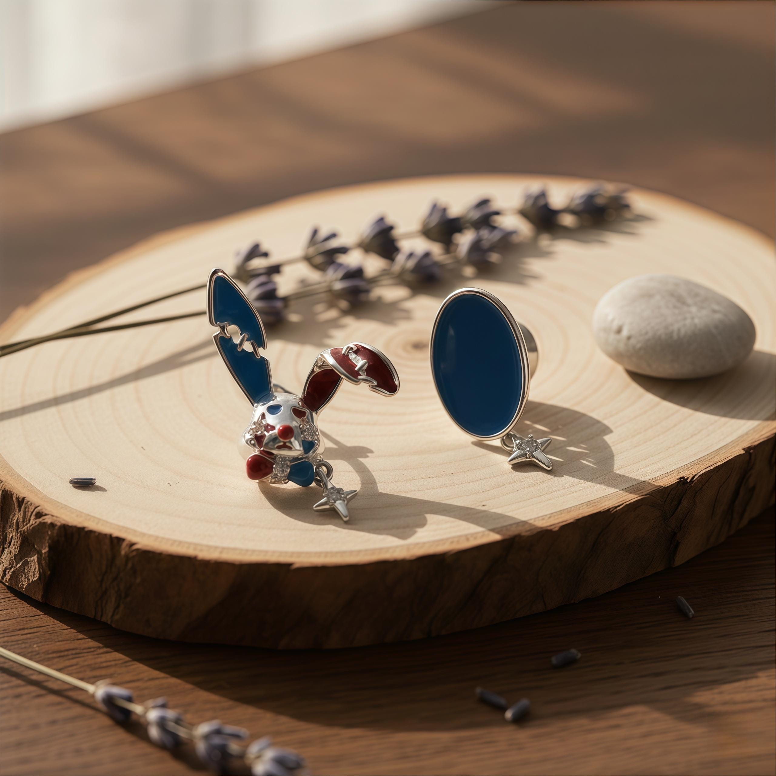 Mad Hatter Wonderland Earrings | Asymmetrical Red & Blue Enamel Studs | Rabbit and Hat Design