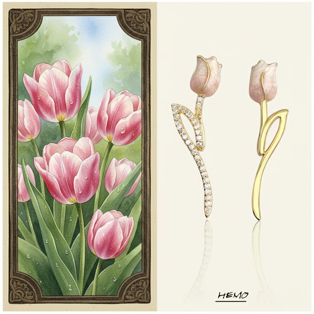 Gold Plated Pink Tulip Earrings – Asymmetrical Spring Flower Earrings