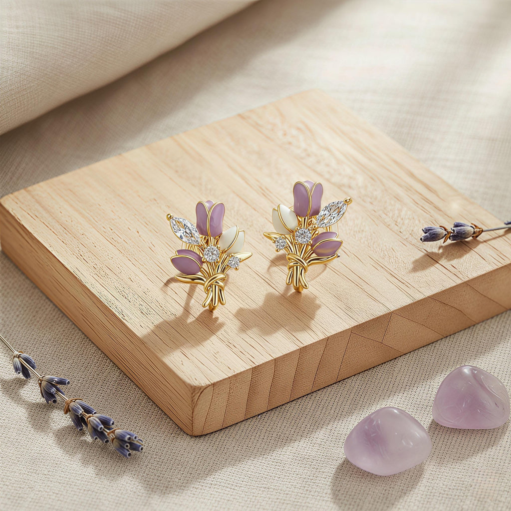 Purple Tulip Bouquet Stud Earrings – Enamel Flower & Zirconia, 18K Gold Plated Floral Jewelry