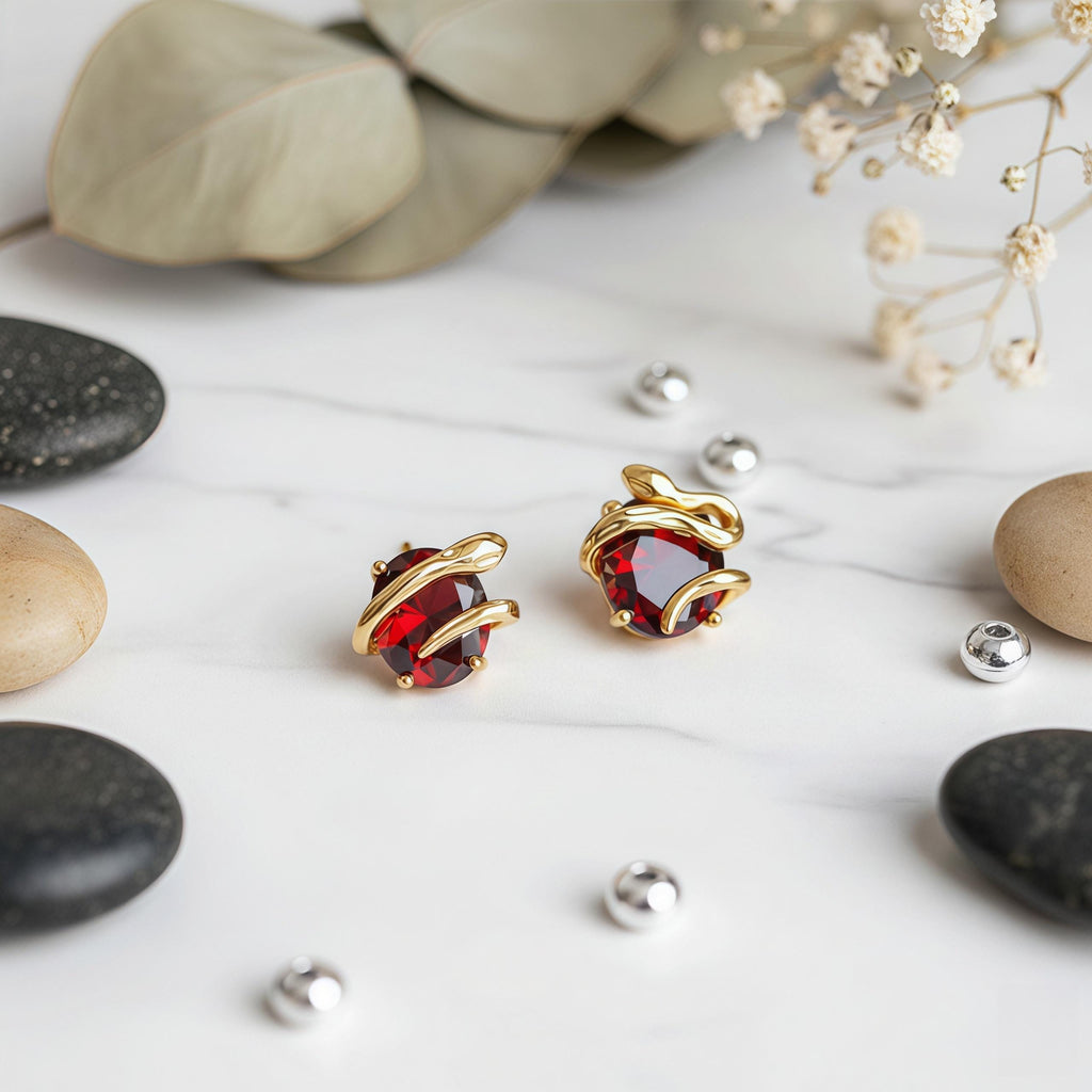 Vintage Snake Stud Earrings with Claret Red Zircon – 18K Gold Plated Serpent Jewelry