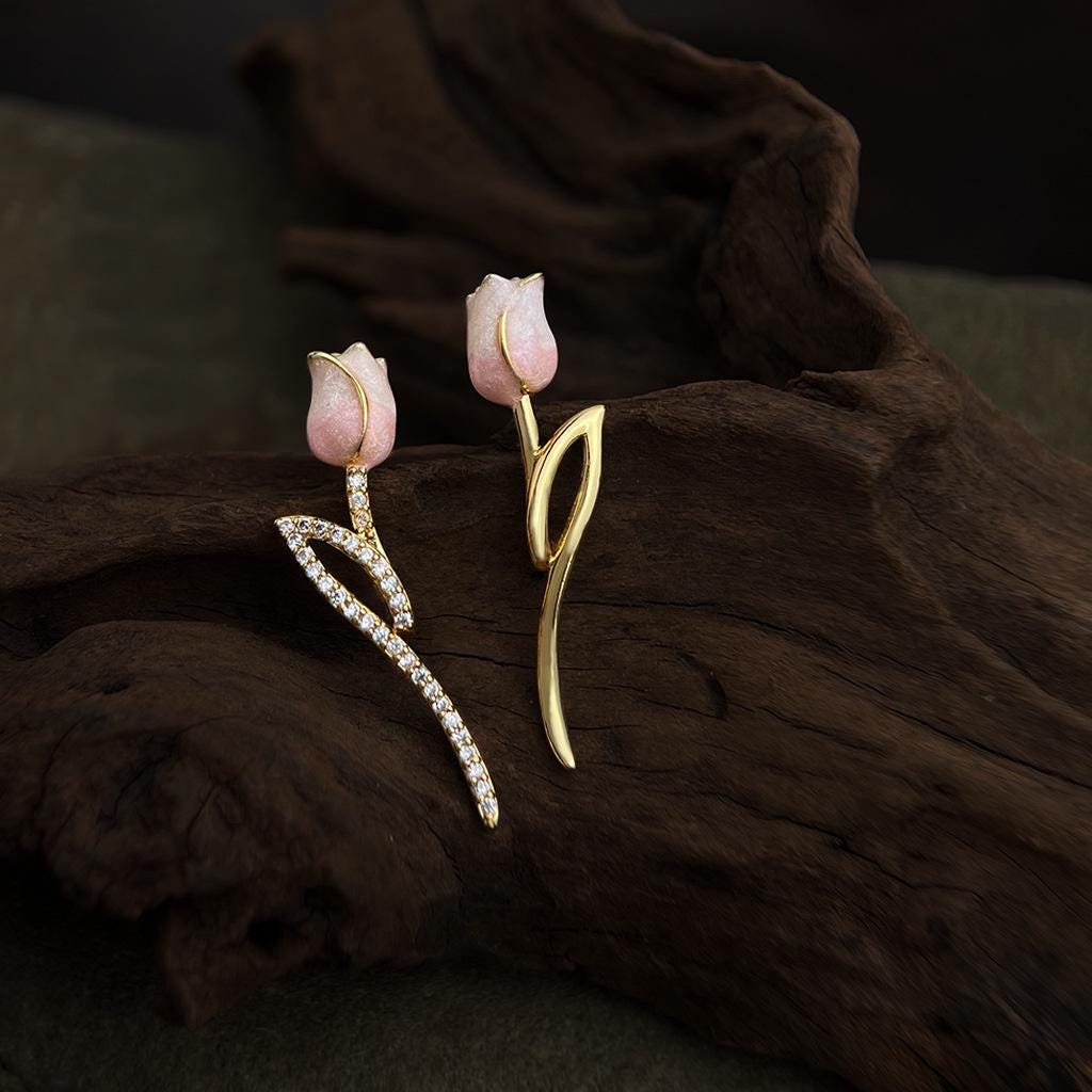 Gold Plated Pink Tulip Earrings – Asymmetrical Spring Flower Earrings