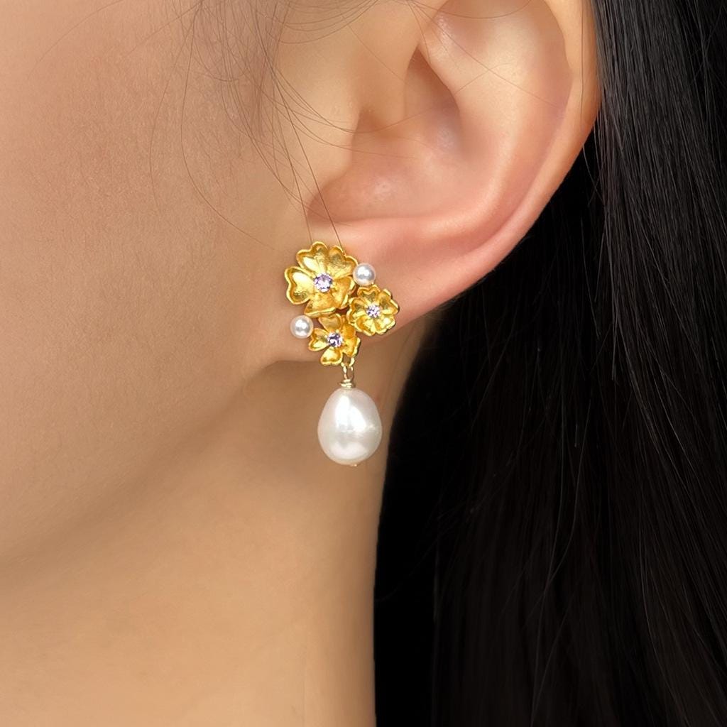 Baroque Pearl Flower Earrings | Morning Garden Elegance Jewelry, Embrace Imperfection, Pierced & Clip-On