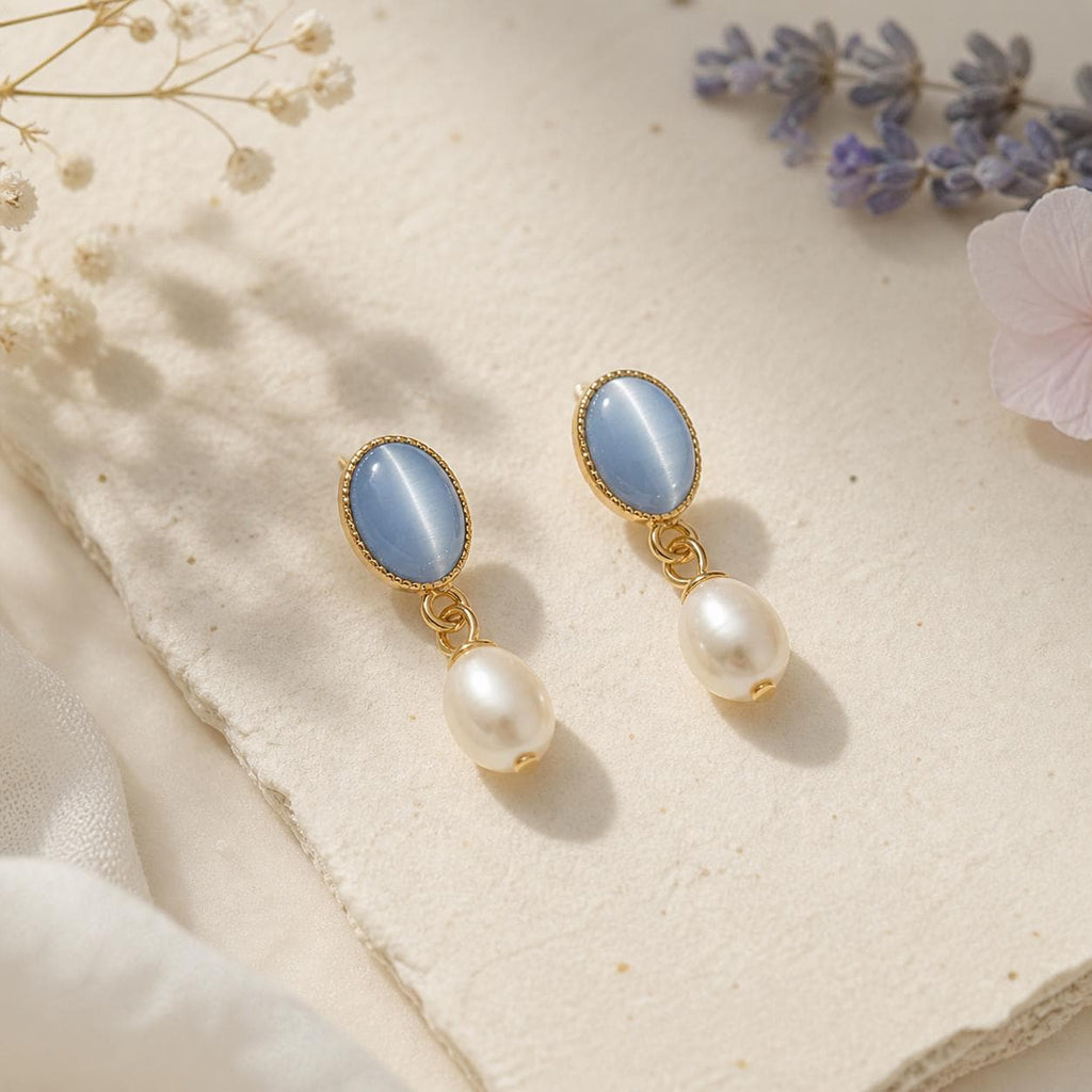 Moonlight Serenade Earrings – Gold Plated Blue Cat’s Eye Glass & Freshwater Pearl Earrings