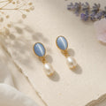Moonlight Serenade Earrings – Gold Plated Blue Cat’s Eye Glass & Freshwater Pearl Earrings