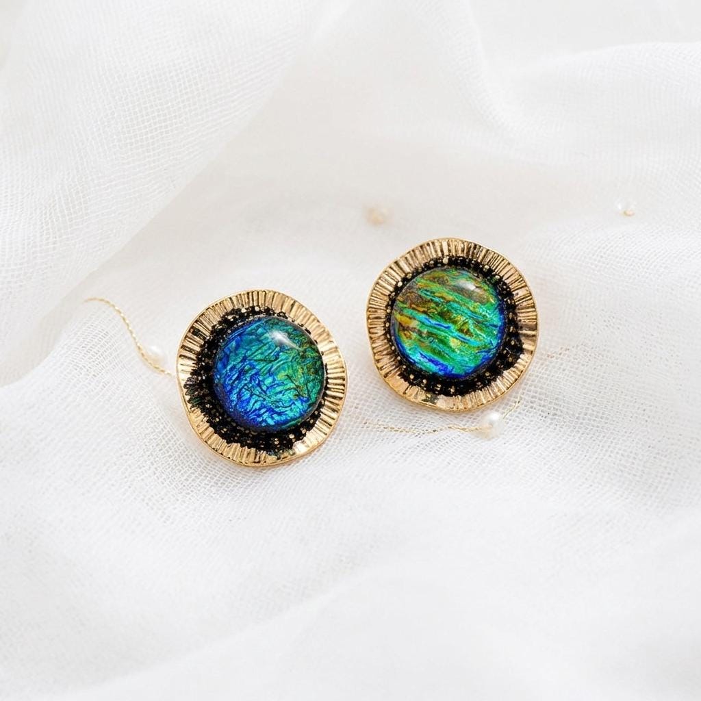 Vintage Gold Foil Glass Stud Earrings – Round Art Glass Statement Earrings