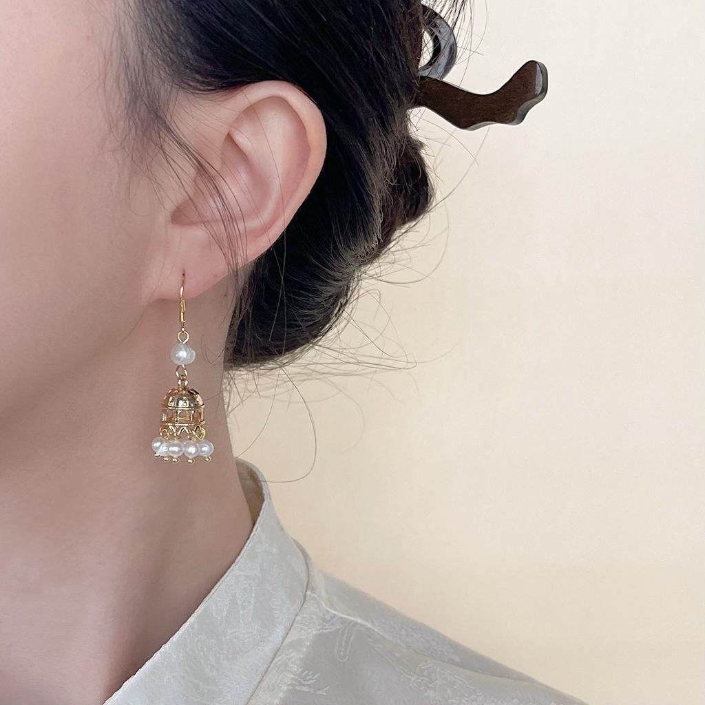 Gold Plated Cage Jhumka Earrings – Mughal Inspired Pearl Tassel Earrings